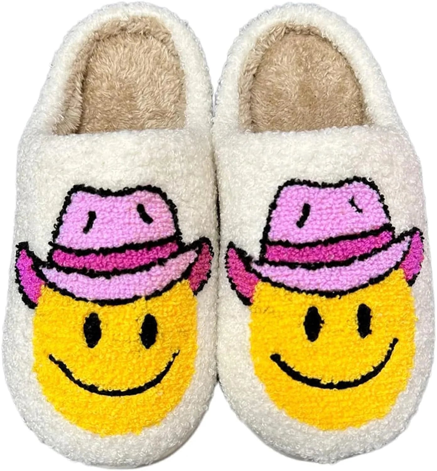 Cowboy Boot and Cowgirl Hat Slippers Smile Face Slippers for Women Men Plush Warm Happy Preppy Slippers Lightweight Fuzzy House Shoes