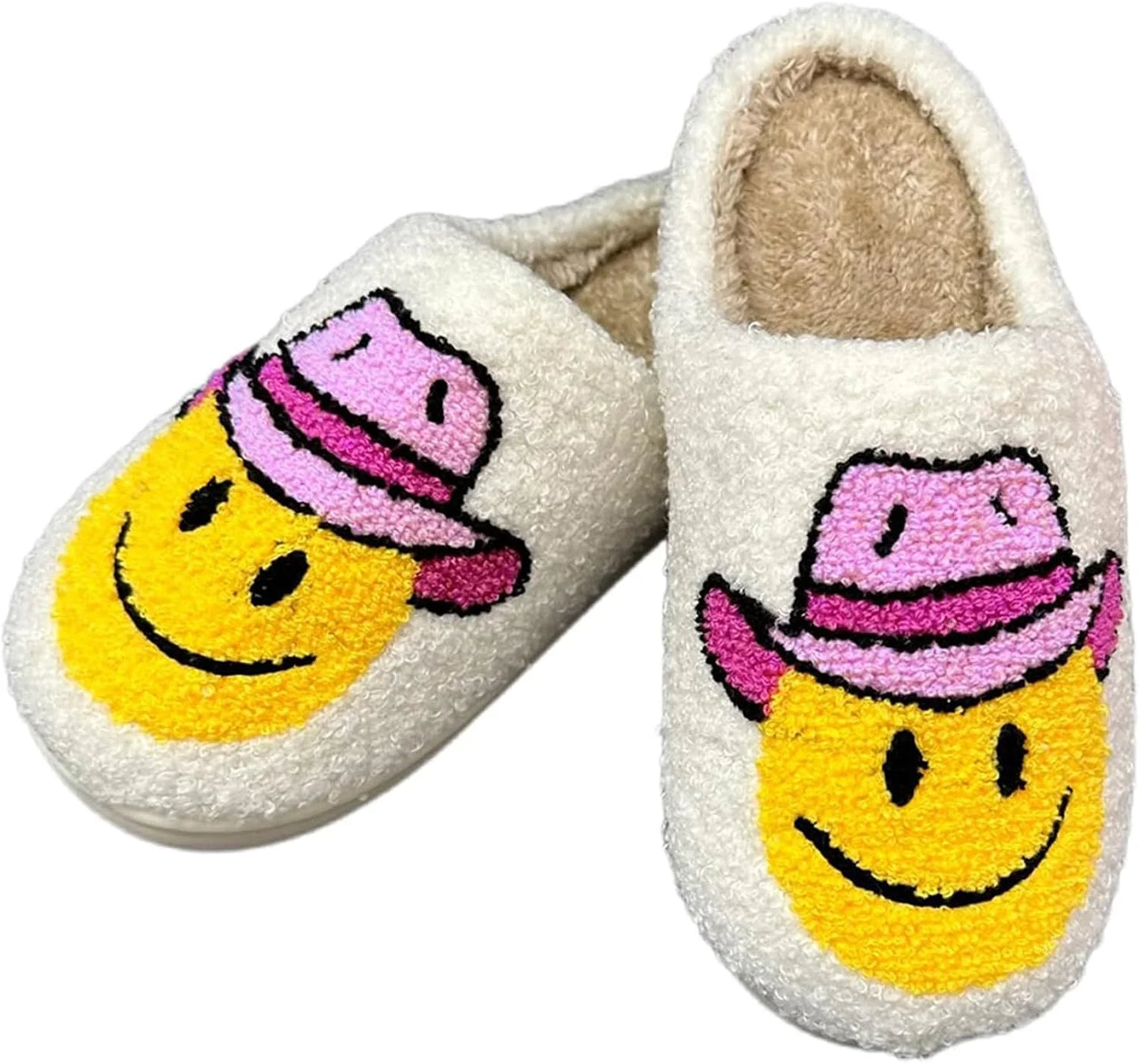 Cowboy Boot and Cowgirl Hat Slippers Smile Face Slippers for Women Men Plush Warm Happy Preppy Slippers Lightweight Fuzzy House Shoes