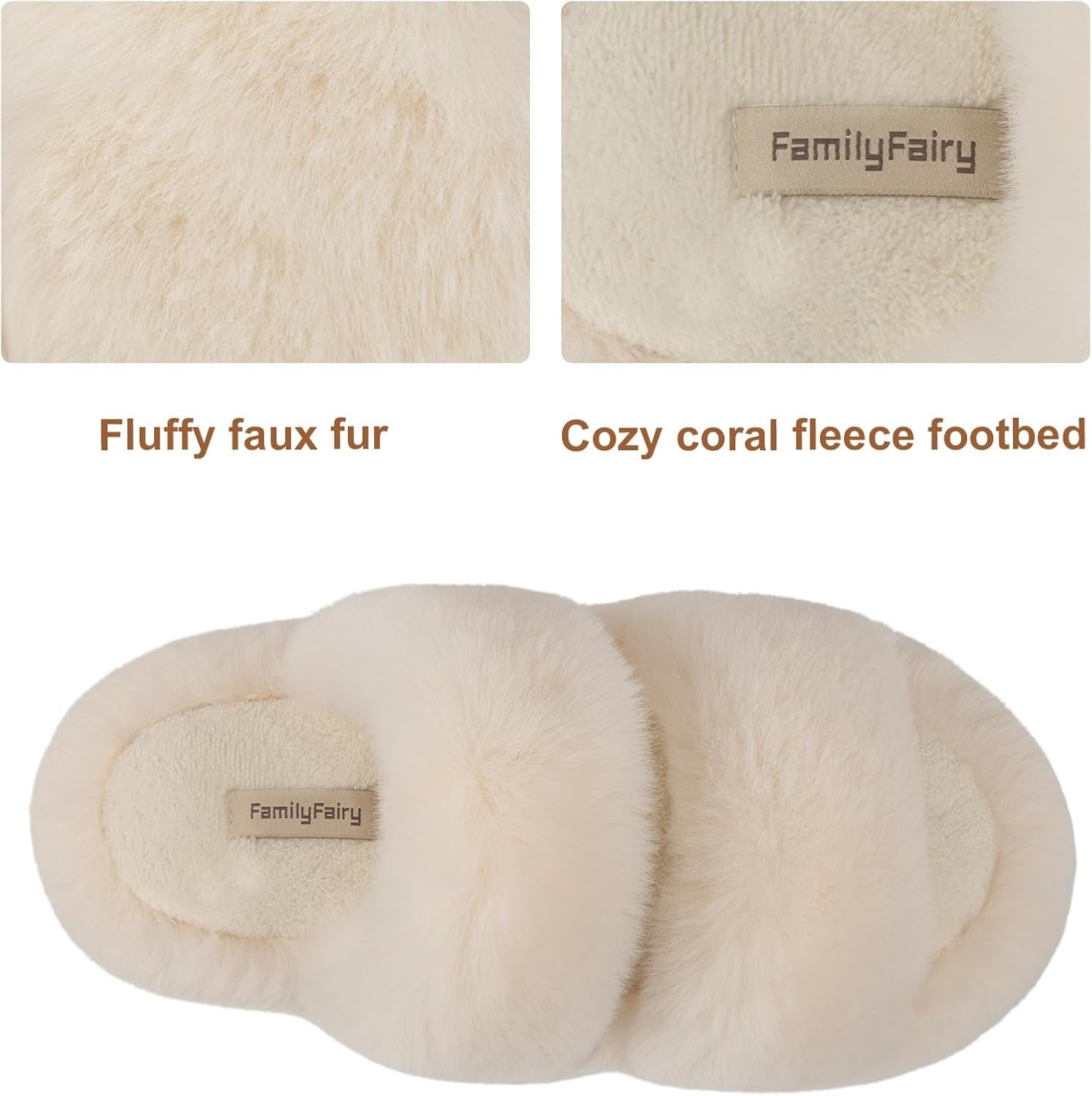 Women'S Fluffy Faux Fur Slippers Comfy Open Toe Two Band Slides with Fleece Lining and Rubber Sole