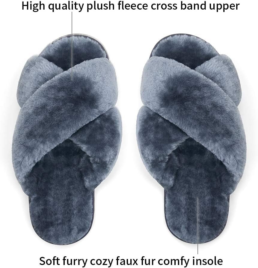 Women'S 801 Cross Band Slippers, Soft Plush Furry Open Toe Fur Slides, Fuzzy Fluffy Slip on House Shoes Indoor Outdoor Slippers