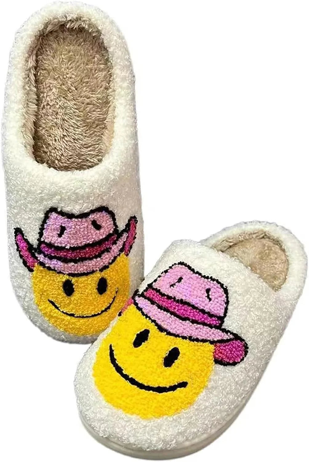 Cowboy Boot and Cowgirl Hat Slippers Smile Face Slippers for Women Men Plush Warm Happy Preppy Slippers Lightweight Fuzzy House Shoes