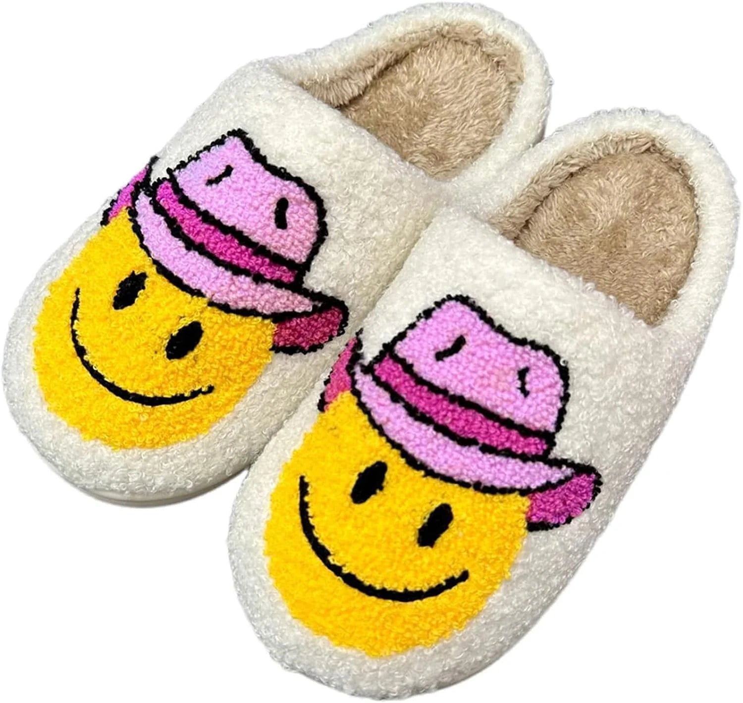 Cowboy Boot and Cowgirl Hat Slippers Smile Face Slippers for Women Men Plush Warm Happy Preppy Slippers Lightweight Fuzzy House Shoes